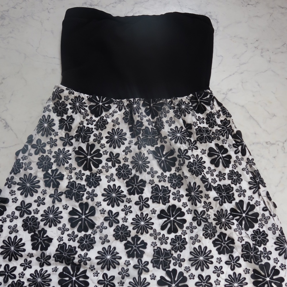 Black and white floral strapless dress